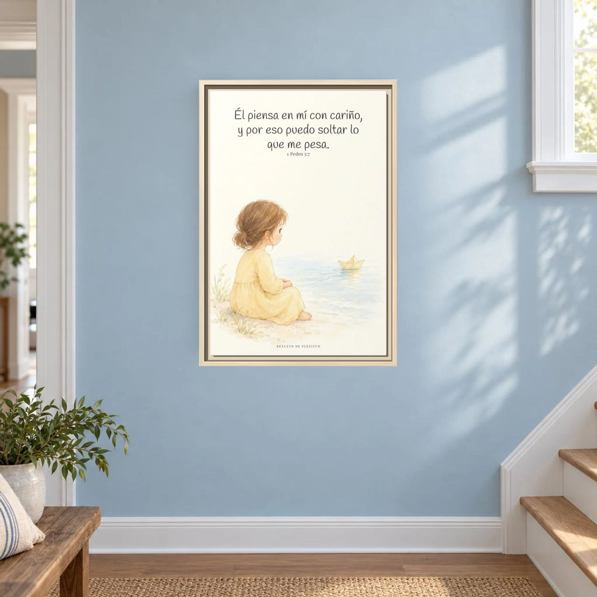 Echa Toda Tu Ansiedad Sobre Dios — Lienzo Cristiano Enmarcado | 1 Pedro 5:7 — 16×24 pulgadas, marco natural, vista frontal ambiental, escala física calibrada