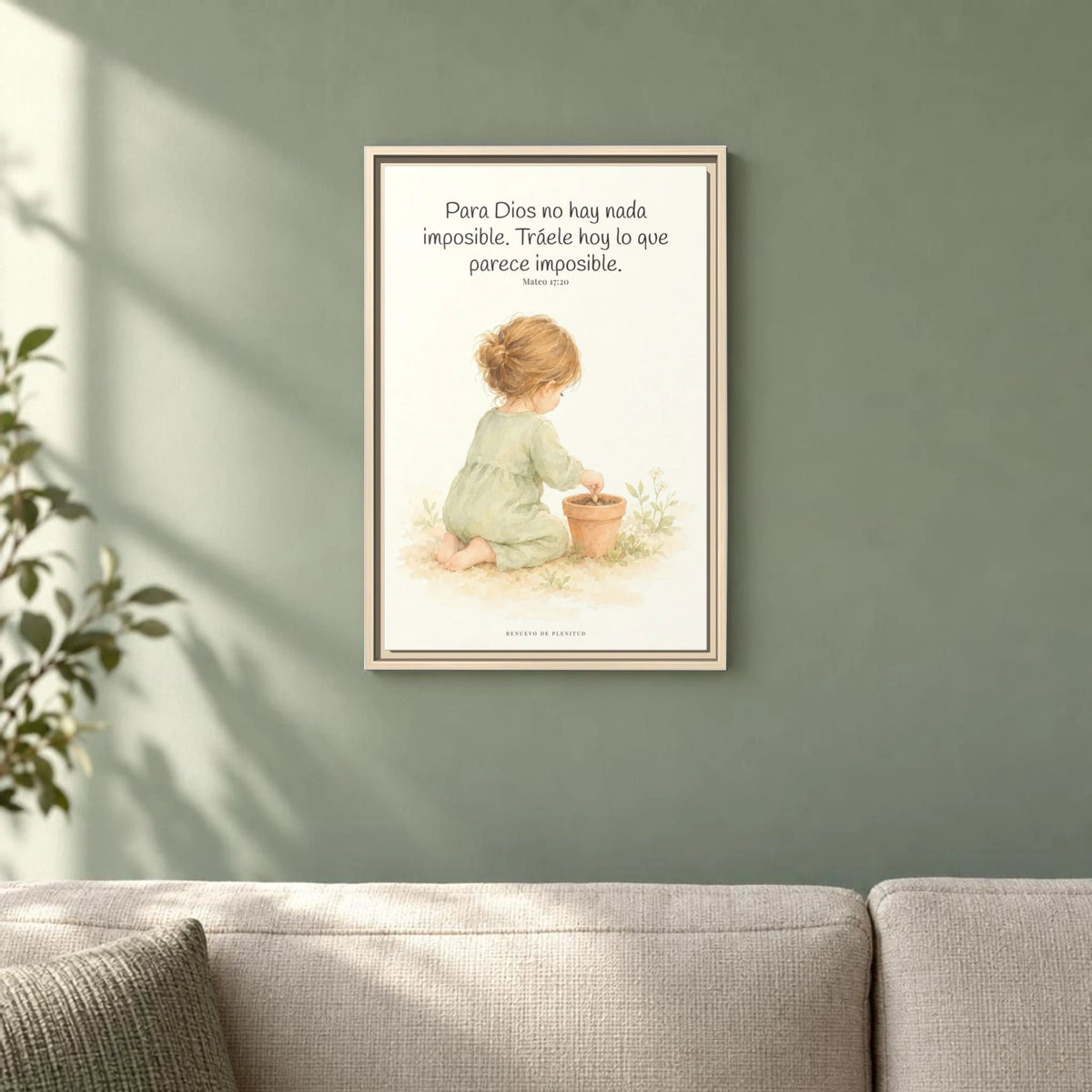 Nada hay imposible para Dios — Lienzo Cristiano Enmarcado | Mateo 17:20 — 16×24 pulgadas, marco natural, vista frontal ambiental, escala física calibrada