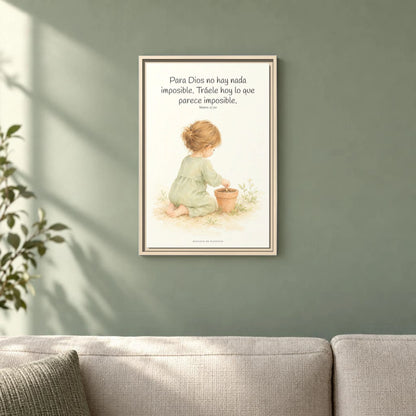 Nada hay imposible para Dios — Lienzo Cristiano Enmarcado | Mateo 17:20 — 16×24 pulgadas, marco natural, vista frontal ambiental, escala física calibrada