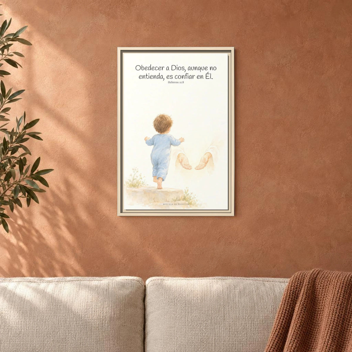 Obedecer a Dios es mi mayor valentía — Lienzo Cristiano Enmarcado | Hebreos 11:8 — 16×24 pulgadas, marco natural, vista frontal ambiental, escala física calibrada