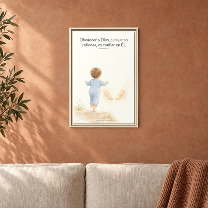 Obedecer a Dios es mi mayor valentía — Lienzo Cristiano Enmarcado | Hebreos 11:8 — 16×24 pulgadas, marco natural, vista frontal ambiental, escala física calibrada