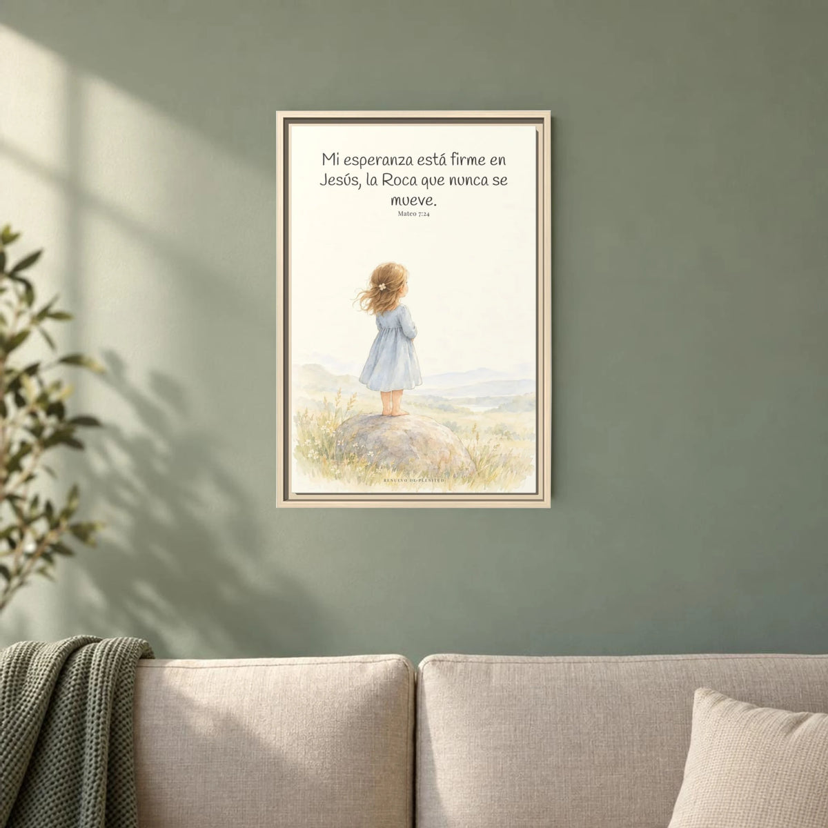 Mi esperanza está firme en Jesús — Lienzo Cristiano Enmarcado | Mateo 7:24 — 16×24 pulgadas, marco natural, vista frontal ambiental, escala física calibrada