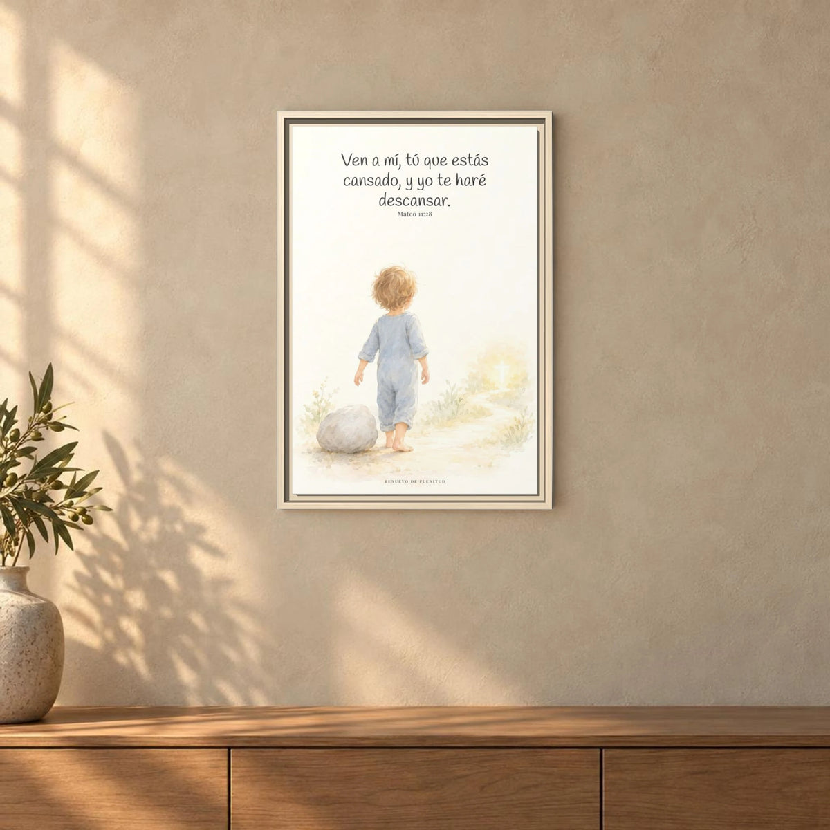 Ven a mí y yo te haré descansar — Lienzo Cristiano Enmarcado | Mateo 11:28 — 16×24 pulgadas, marco natural, vista frontal ambiental, escala física calibrada