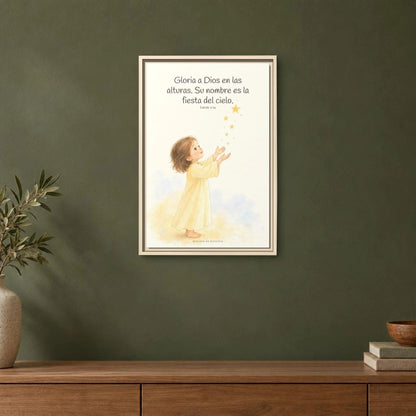 El cielo entero da gloria a Dios | Decoración de fe para pared | Lucas 2:14 — 16×24 pulgadas, marco natural, vista frontal ambiental, escala física calibrada