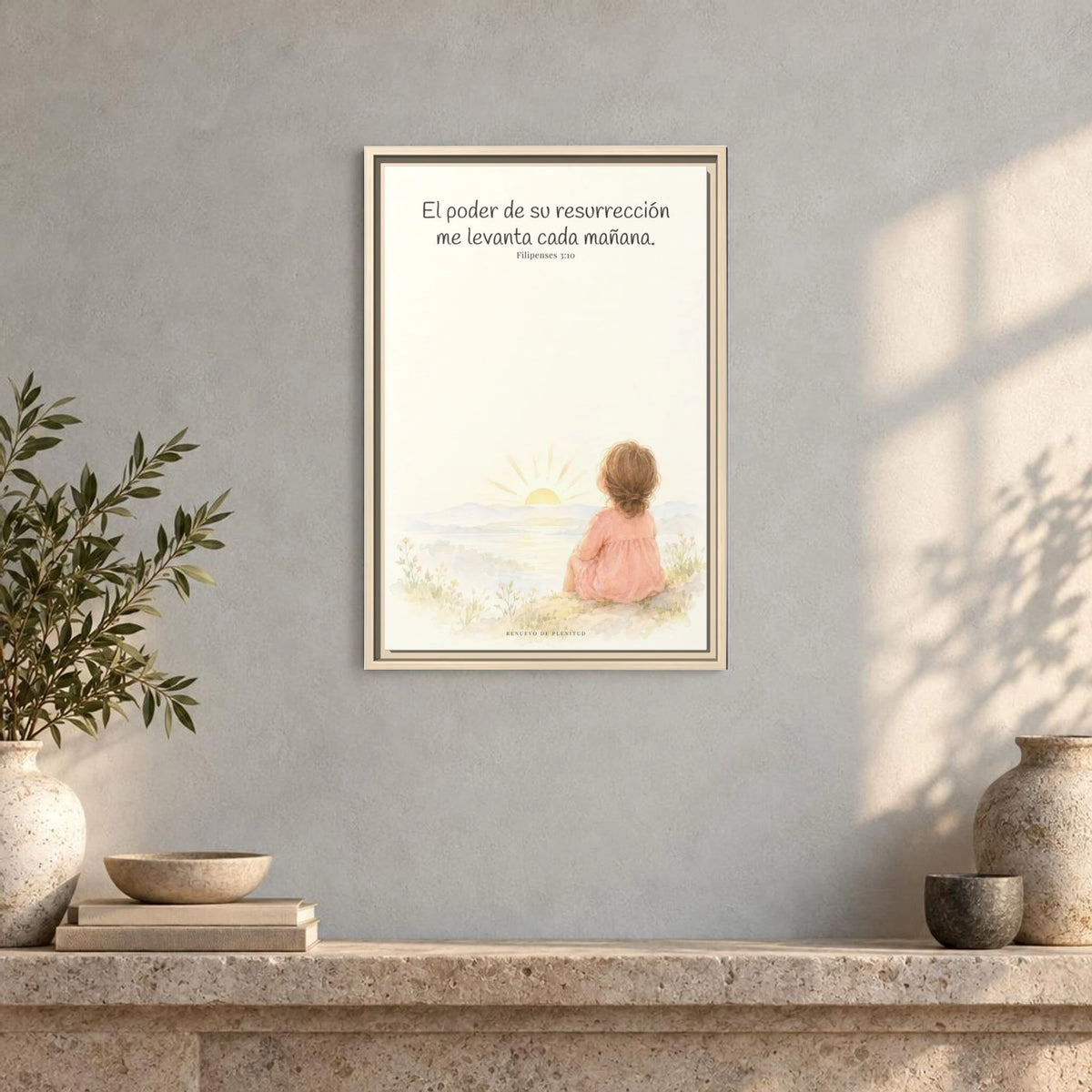 El poder de su resurrección me levanta — Lienzo Cristiano Enmarcado | Filipenses 3:10 — 16×24 pulgadas, marco natural, vista frontal ambiental, escala física calibrada