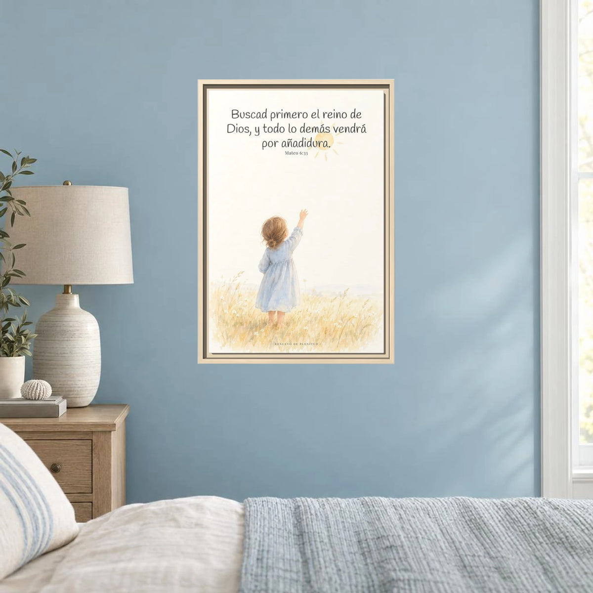 Buscad primero el reino de Dios — Lienzo Cristiano Enmarcado | Mateo 6:33 — 16×24 pulgadas, marco natural, vista frontal ambiental, escala física calibrada