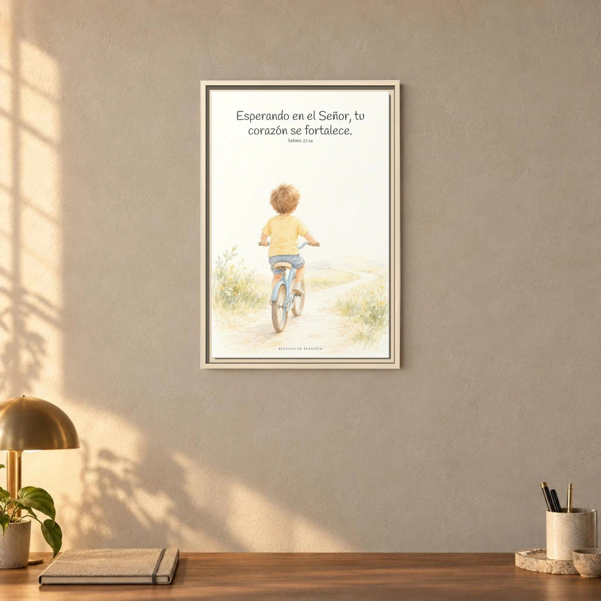 Jehová fortalece tu corazón — Lienzo Cristiano Enmarcado | Salmo 27:14 — 16×24 pulgadas, marco natural, vista frontal ambiental, escala física calibrada