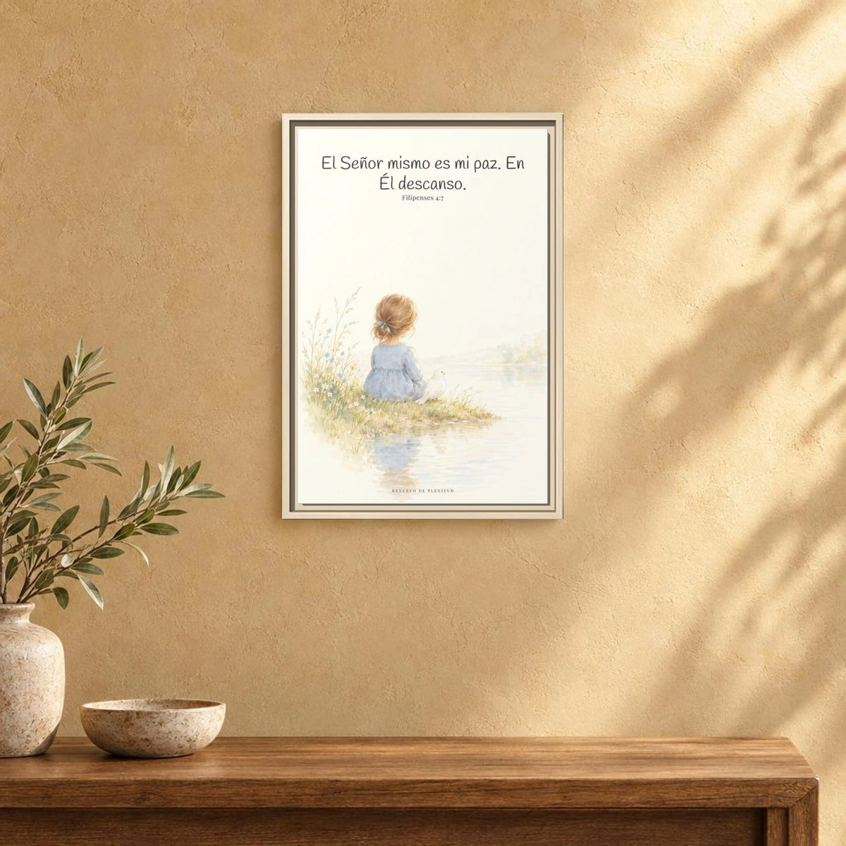 El Señor mismo es mi paz — Lienzo Cristiano Enmarcado | Filipenses 4:7 — 16×24 pulgadas, marco natural, vista frontal ambiental, escala física calibrada