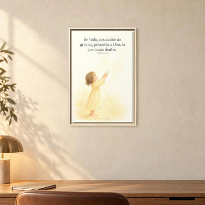 Con acción de gracias, presenta todo a Dios — Lienzo Cristiano Enmarcado | Filipenses 4:6 — 16×24 pulgadas, marco natural, vista frontal ambiental, escala física calibrada