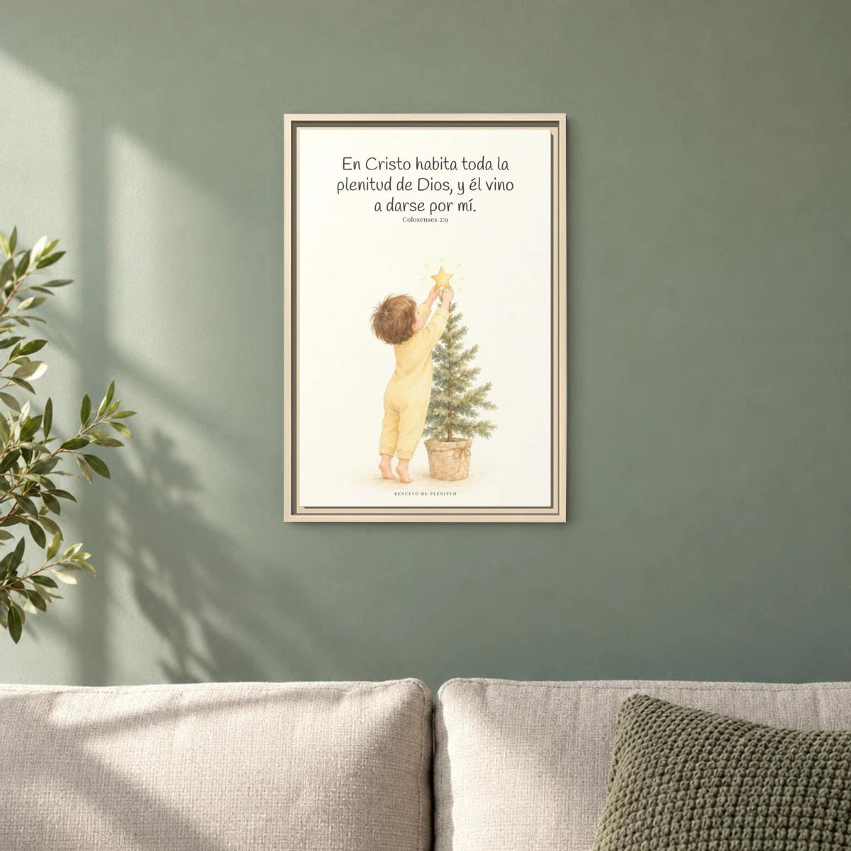 En Cristo habita la plenitud de Dios — Lienzo Cristiano Enmarcado | Colosenses 2:9 — 16×24 pulgadas, marco natural, vista frontal ambiental, escala física calibrada