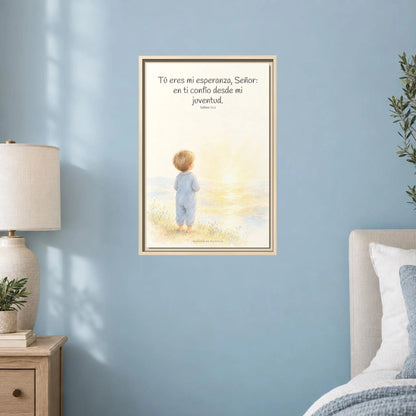 Tú eres mi esperanza, Señor — Lienzo Cristiano Enmarcado | Salmo 71:5 — 16×24 pulgadas, marco natural, vista frontal ambiental, escala física calibrada