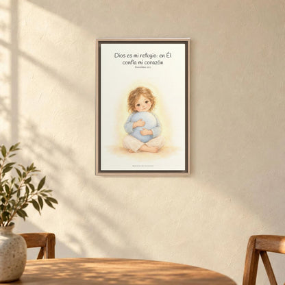 En Dios encuentro mi refugio | Cuadro bíblico para el hogar | Proverbios 30:5 — 16×24 pulgadas, marco natural, vista frontal ambiental, escala física calibrada