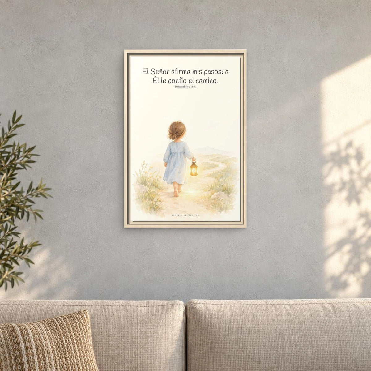 El Señor dirige mis pasos este año — Lienzo Cristiano Enmarcado | Proverbios 16:9 — 16×24 pulgadas, marco natural, vista frontal ambiental, escala física calibrada