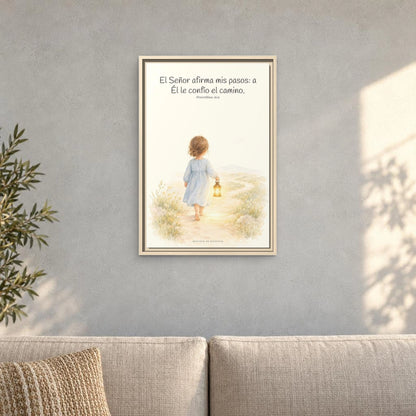 El Señor dirige mis pasos este año — Lienzo Cristiano Enmarcado | Proverbios 16:9 — 16×24 pulgadas, marco natural, vista frontal ambiental, escala física calibrada