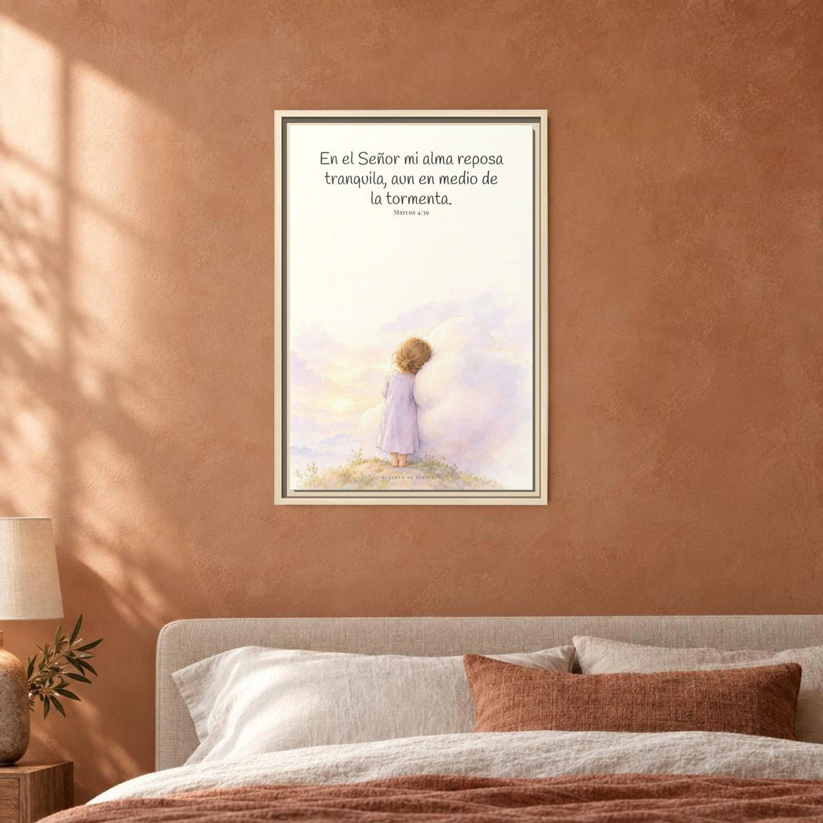 En el Señor mi alma reposa tranquila | Lienzo de fe para el hogar | Marcos 4:39 — 16×24 pulgadas, marco natural, vista frontal ambiental, escala física calibrada