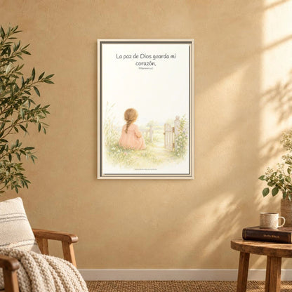 La paz de Dios guardará mi corazón — Lienzo Cristiano Enmarcado | Filipenses 4:7 — 16×24 pulgadas, marco natural, vista frontal ambiental, escala física calibrada