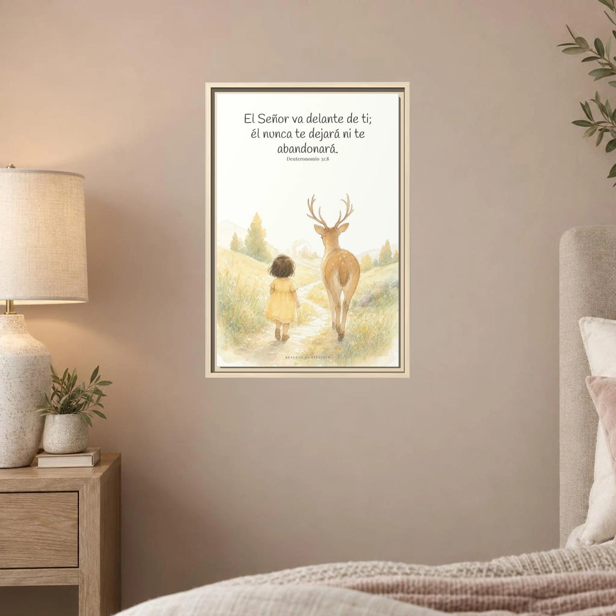 Jehová va delante de ti — Lienzo Cristiano Enmarcado | Deuteronomio 31:8 — 16×24 pulgadas, marco natural, vista frontal ambiental, escala física calibrada