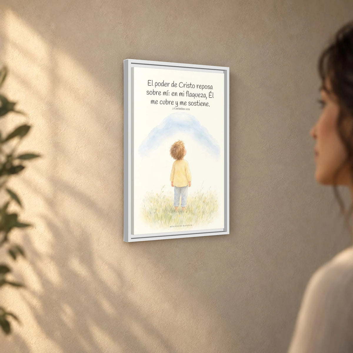 El poder de Cristo descansa sobre mí | Cuadro bíblico para el hogar | 2 Corintios 12:9 — 16×24 pulgadas, marco blanco, vista angular ambiental del marco flotante, escala física calibrada