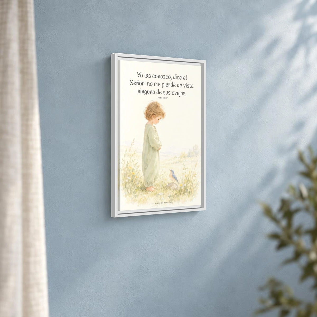 El Señor me conoce por mi nombre — Lienzo Cristiano Enmarcado | Juan 10:27 — 16×24 pulgadas, marco blanco, vista angular ambiental del marco flotante, escala física calibrada