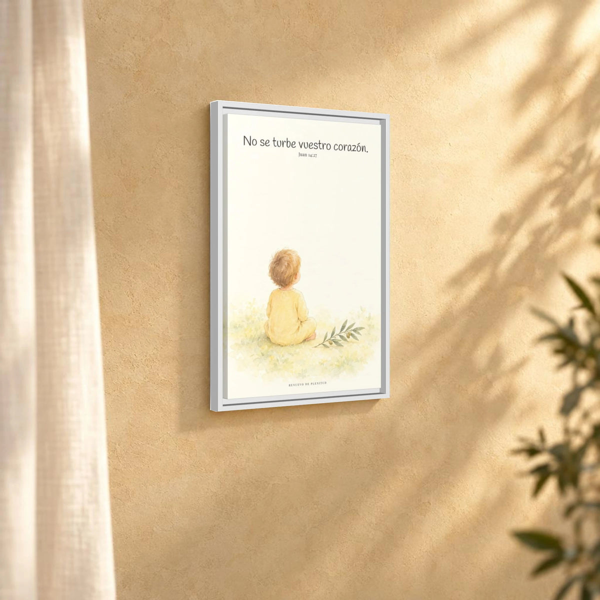No se turbe vuestro corazón — Lienzo Cristiano Enmarcado | Juan 14:27 — 16×24 pulgadas, marco blanco, vista angular ambiental del marco flotante, escala física calibrada