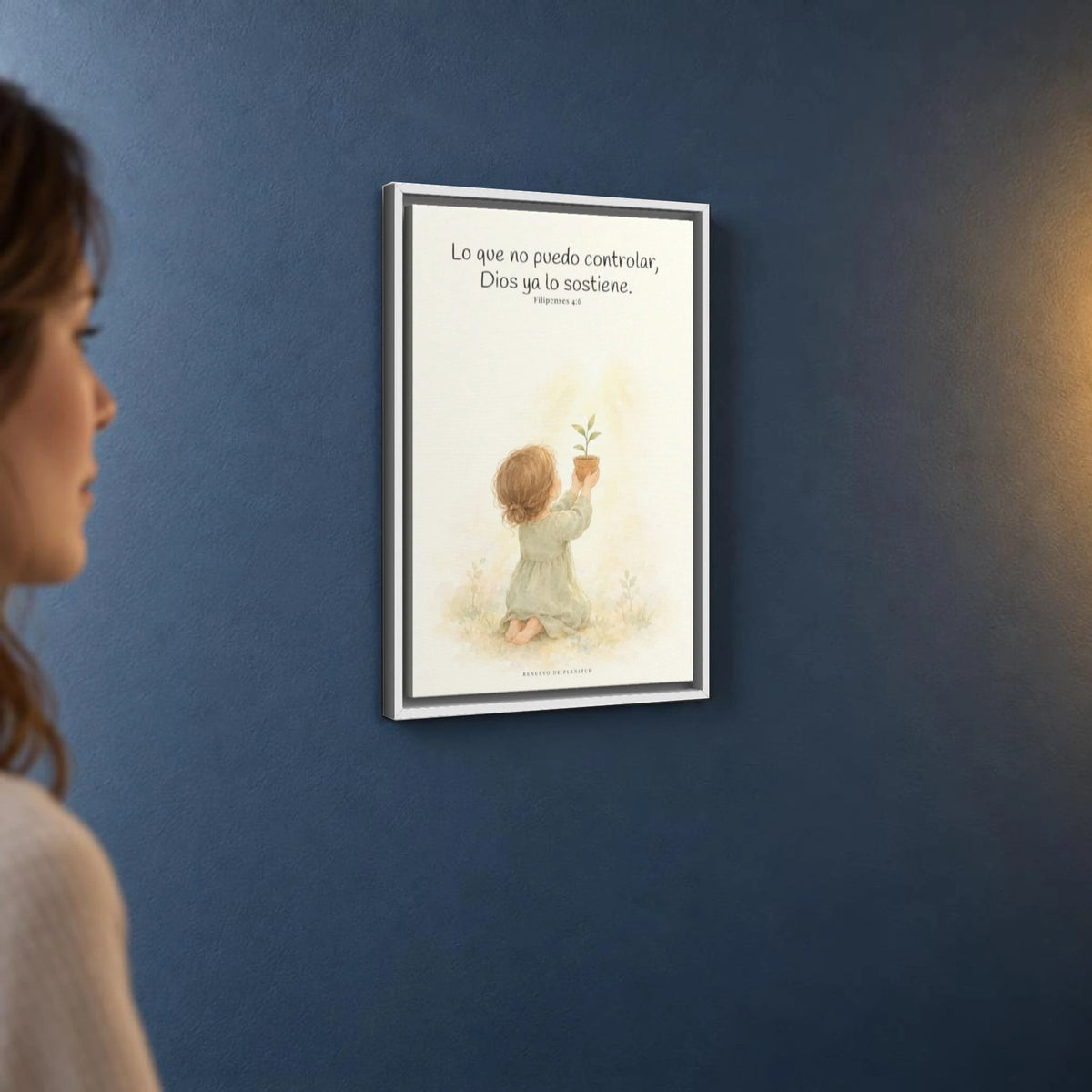 Dios cuida lo que yo no puedo controlar | Decoración de fe para pared | Filipenses 4:6 — 16×24 pulgadas, marco blanco, vista angular ambiental del marco flotante, escala física calibrada