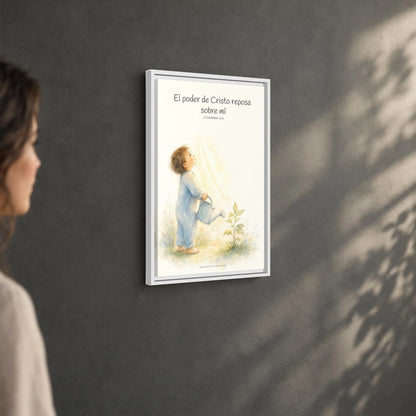 Su poder descansa sobre mí — Lienzo Cristiano Enmarcado | 2 Corintios 12:9 — 16×24 pulgadas, marco blanco, vista angular ambiental del marco flotante, escala física calibrada