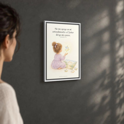 El Señor dirige mis pasos | Decoración cristiana enmarcada | Proverbios 3:5-6 — 16×24 pulgadas, marco blanco, vista angular ambiental del marco flotante, escala física calibrada