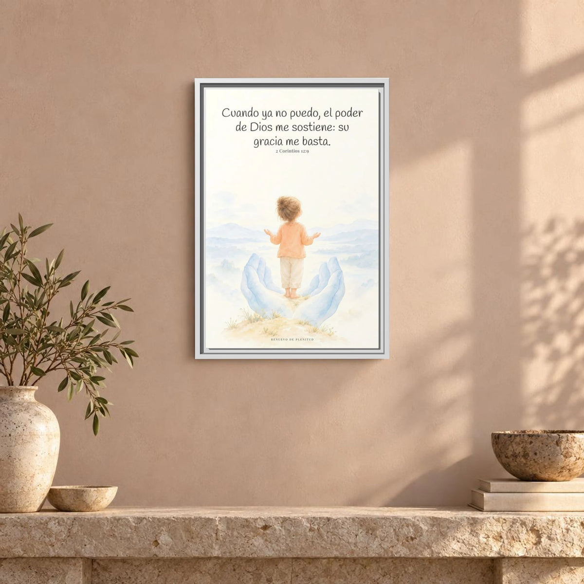 El poder de Dios se perfecciona en mi debilidad — Lienzo Cristiano Enmarcado | 2 Corintios 12:9 — 16×24 pulgadas, marco blanco, vista frontal ambiental, escala física calibrada