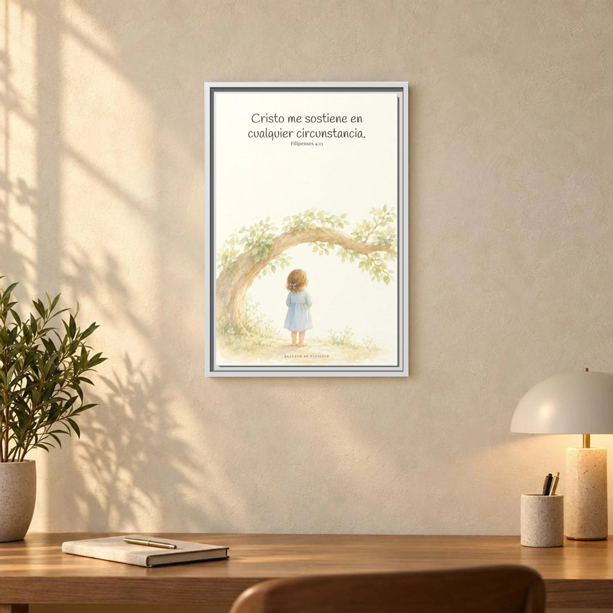 Cristo me sostiene en cualquier circunstancia — Lienzo Cristiano Enmarcado | Filipenses 4:13 — 16×24 pulgadas, marco blanco, vista frontal ambiental, escala física calibrada
