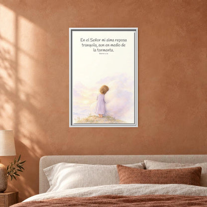 En el Señor mi alma reposa tranquila | Lienzo de fe para el hogar | Marcos 4:39 — 16×24 pulgadas, marco blanco, vista frontal ambiental, escala física calibrada