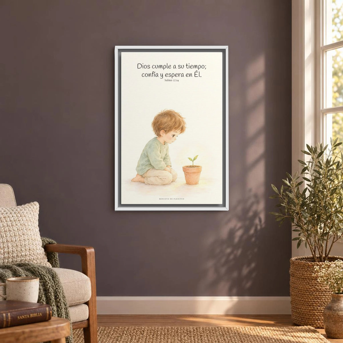 El Señor nunca llega tarde | Decoración cristiana enmarcada | Salmo 27:14 — 16×24 pulgadas, marco blanco, vista frontal ambiental, escala física calibrada