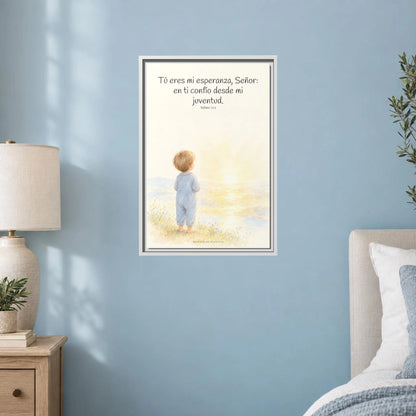 Tú eres mi esperanza, Señor — Lienzo Cristiano Enmarcado | Salmo 71:5 — 16×24 pulgadas, marco blanco, vista frontal ambiental, escala física calibrada