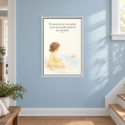 Echa Toda Tu Ansiedad Sobre Dios — Lienzo Cristiano Enmarcado | 1 Pedro 5:7 — 16×24 pulgadas, marco blanco, vista frontal ambiental, escala física calibrada