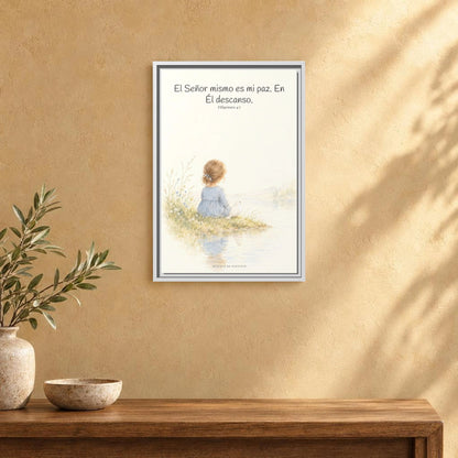 El Señor mismo es mi paz — Lienzo Cristiano Enmarcado | Filipenses 4:7 — 16×24 pulgadas, marco blanco, vista frontal ambiental, escala física calibrada