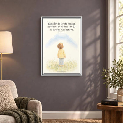El poder de Cristo descansa sobre mí | Cuadro bíblico para el hogar | 2 Corintios 12:9 — 16×24 pulgadas, marco blanco, vista frontal ambiental, escala física calibrada