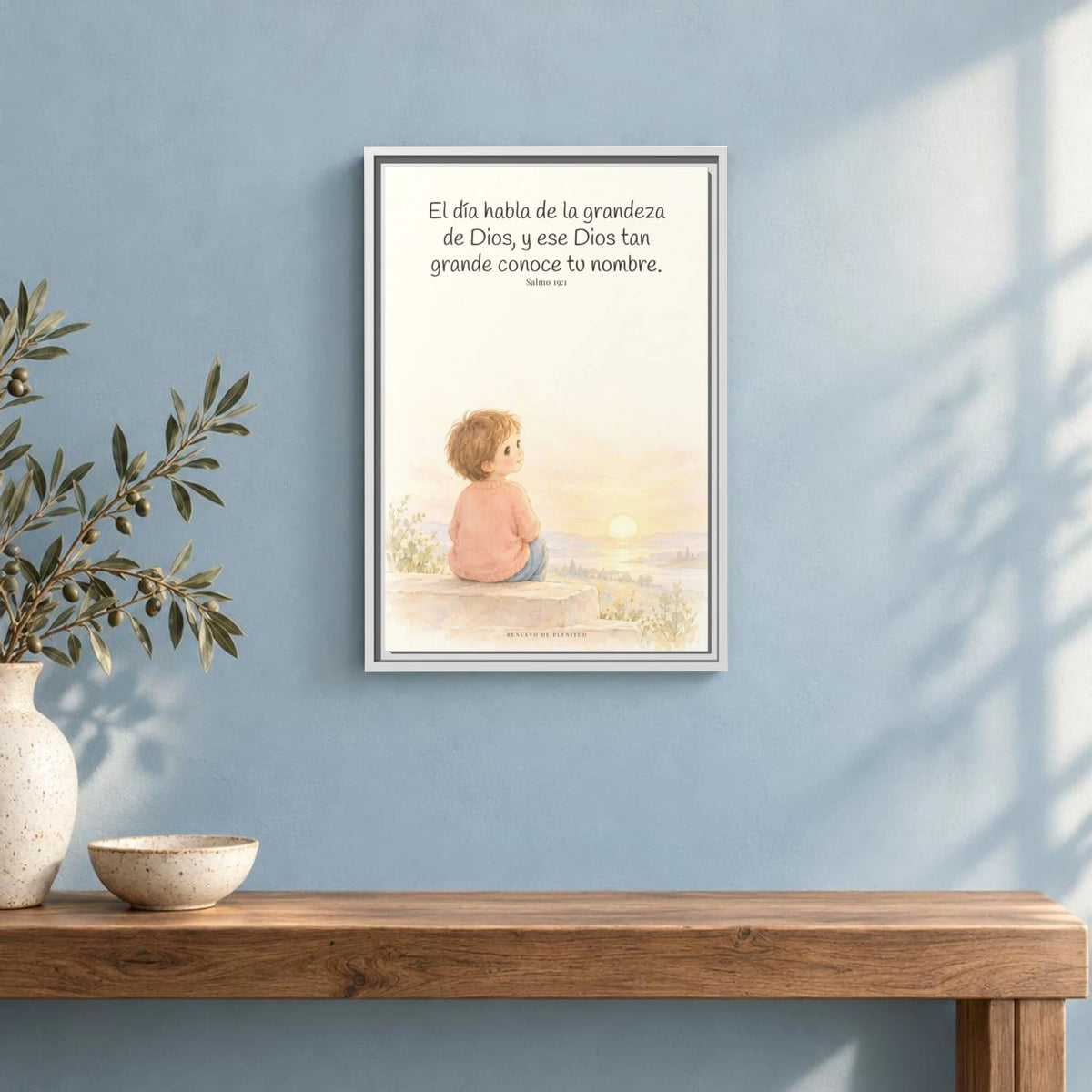 El día habla de la grandeza de Dios | Lienzo cristiano decorativo | Salmo 19:1 — 16×24 pulgadas, marco blanco, vista frontal ambiental, escala física calibrada