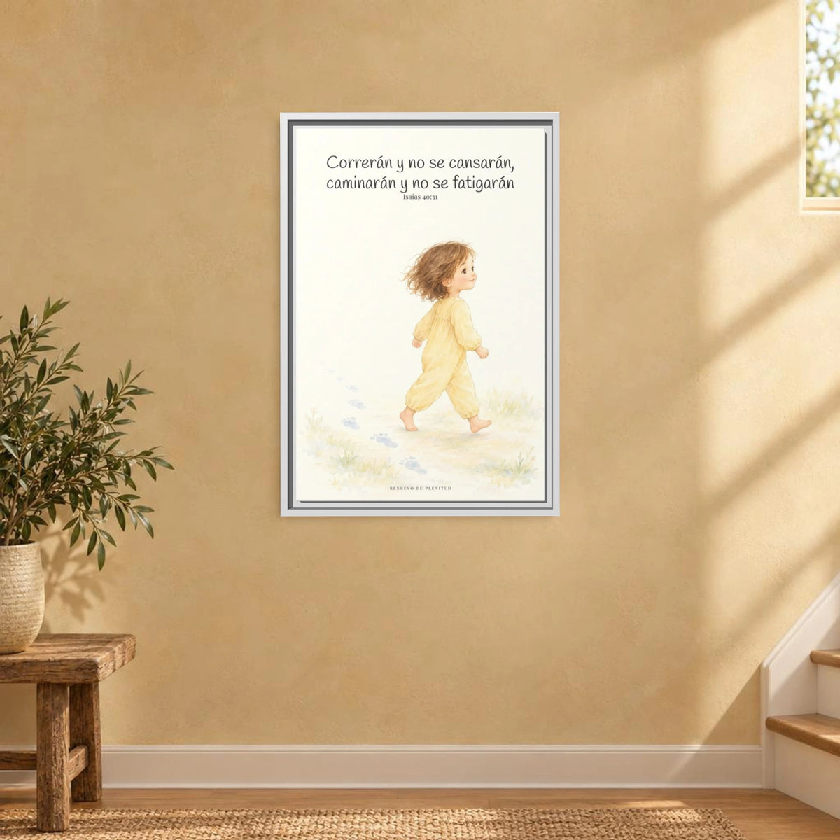Correrán y no se cansarán — Lienzo Cristiano Enmarcado | Isaías 40:31 — 16×24 pulgadas, marco blanco, vista frontal ambiental, escala física calibrada