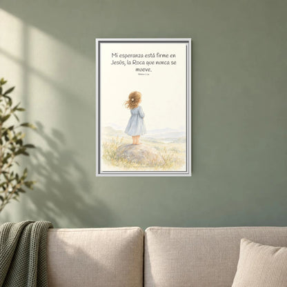 Mi esperanza está firme en Jesús — Lienzo Cristiano Enmarcado | Mateo 7:24 — 16×24 pulgadas, marco blanco, vista frontal ambiental, escala física calibrada