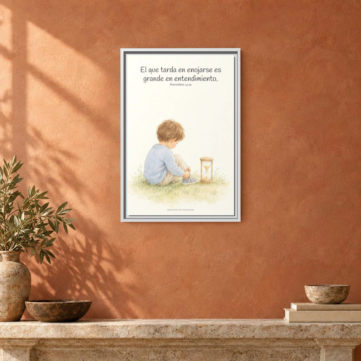 El que es lento para la ira es grande en entendimiento — Lienzo Cristiano Enmarcado | Proverbios 14:29 — 16×24 pulgadas, marco blanco, vista frontal ambiental, escala física calibrada