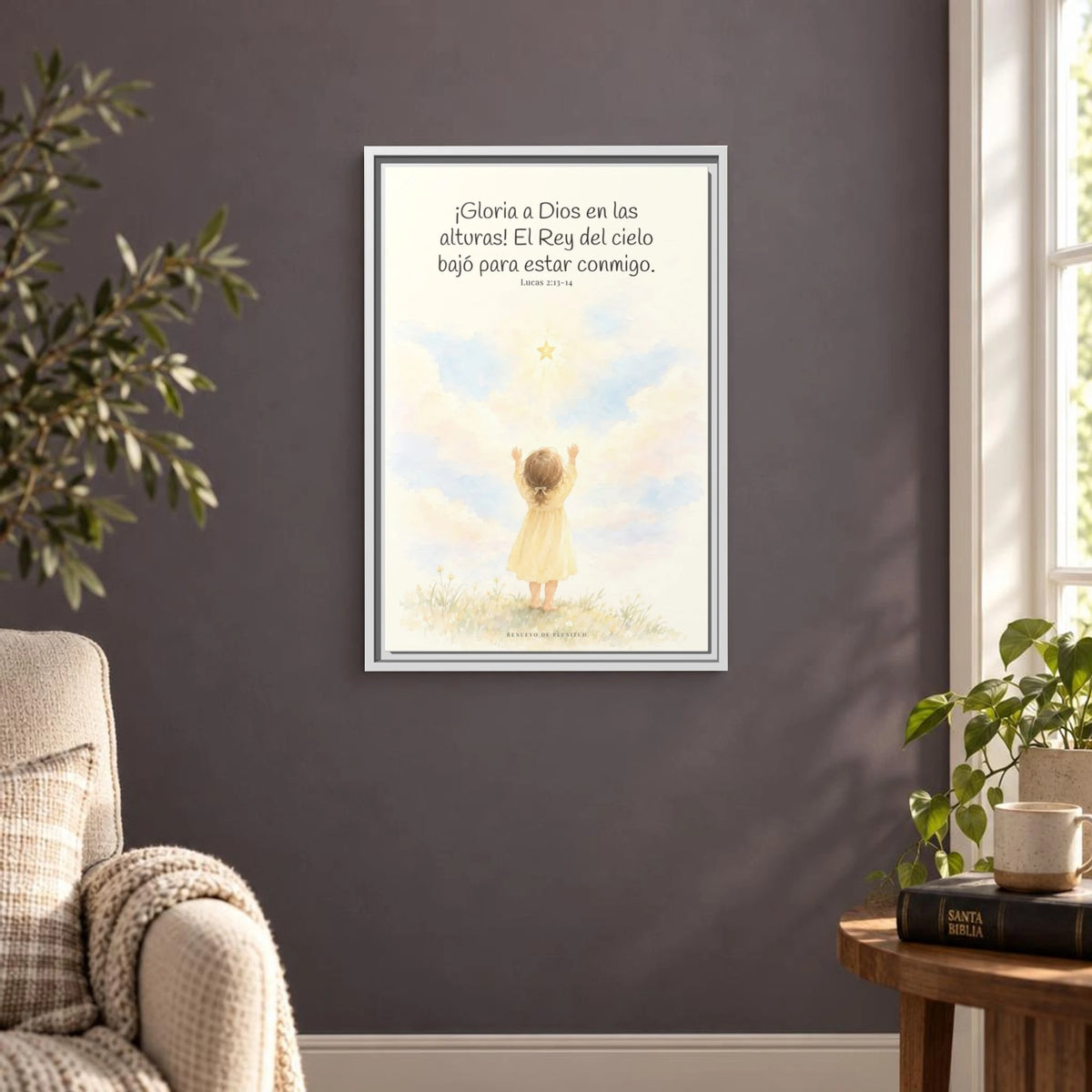 Gloria a Dios en las alturas — Lienzo Cristiano Enmarcado | Lucas 2:13-14 — 16×24 pulgadas, marco blanco, vista frontal ambiental, escala física calibrada