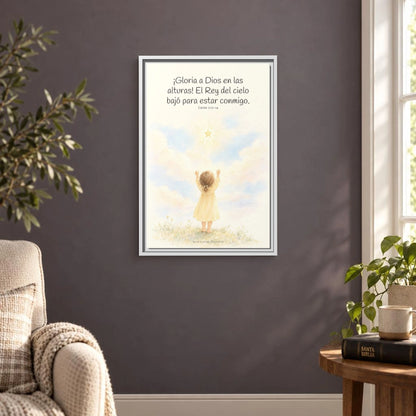 Gloria a Dios en las alturas — Lienzo Cristiano Enmarcado | Lucas 2:13-14 — 16×24 pulgadas, marco blanco, vista frontal ambiental, escala física calibrada
