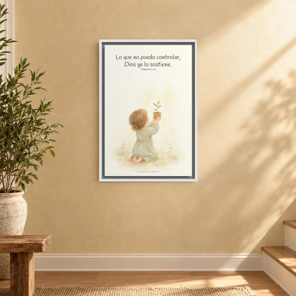 Dios cuida lo que yo no puedo controlar | Decoración de fe para pared | Filipenses 4:6 — 16×24 pulgadas, marco blanco, vista frontal ambiental, escala física calibrada