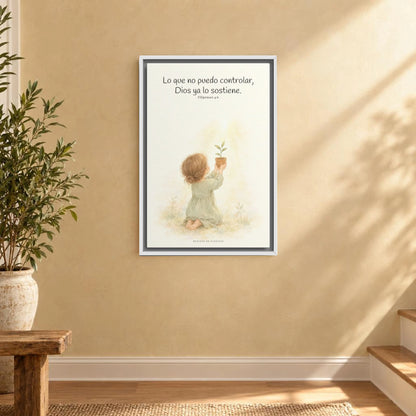 Dios cuida lo que yo no puedo controlar | Decoración de fe para pared | Filipenses 4:6 — 16×24 pulgadas, marco blanco, vista frontal ambiental, escala física calibrada