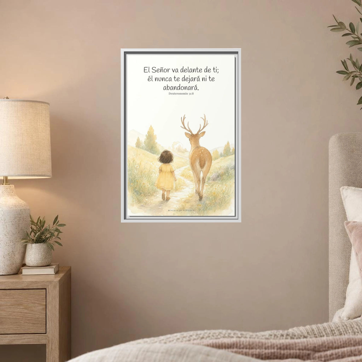 Jehová va delante de ti — Lienzo Cristiano Enmarcado | Deuteronomio 31:8 — 16×24 pulgadas, marco blanco, vista frontal ambiental, escala física calibrada