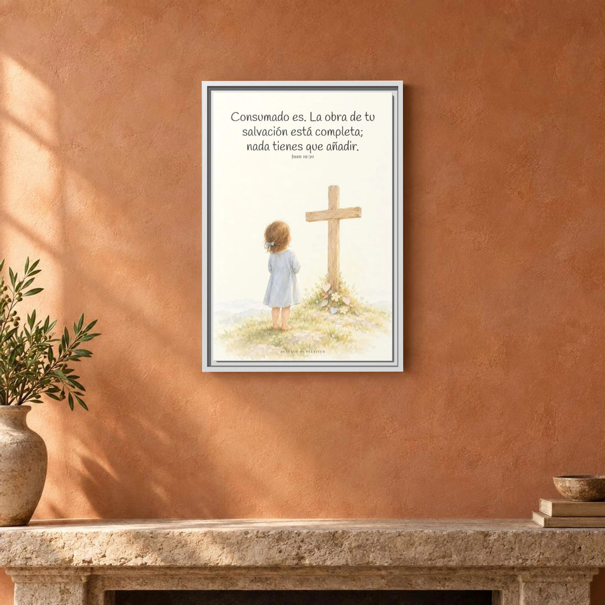 Consumado es: ya nada falta en la obra de Cristo — Lienzo Cristiano Enmarcado | Juan 19:30 — 16×24 pulgadas, marco blanco, vista frontal ambiental, escala física calibrada