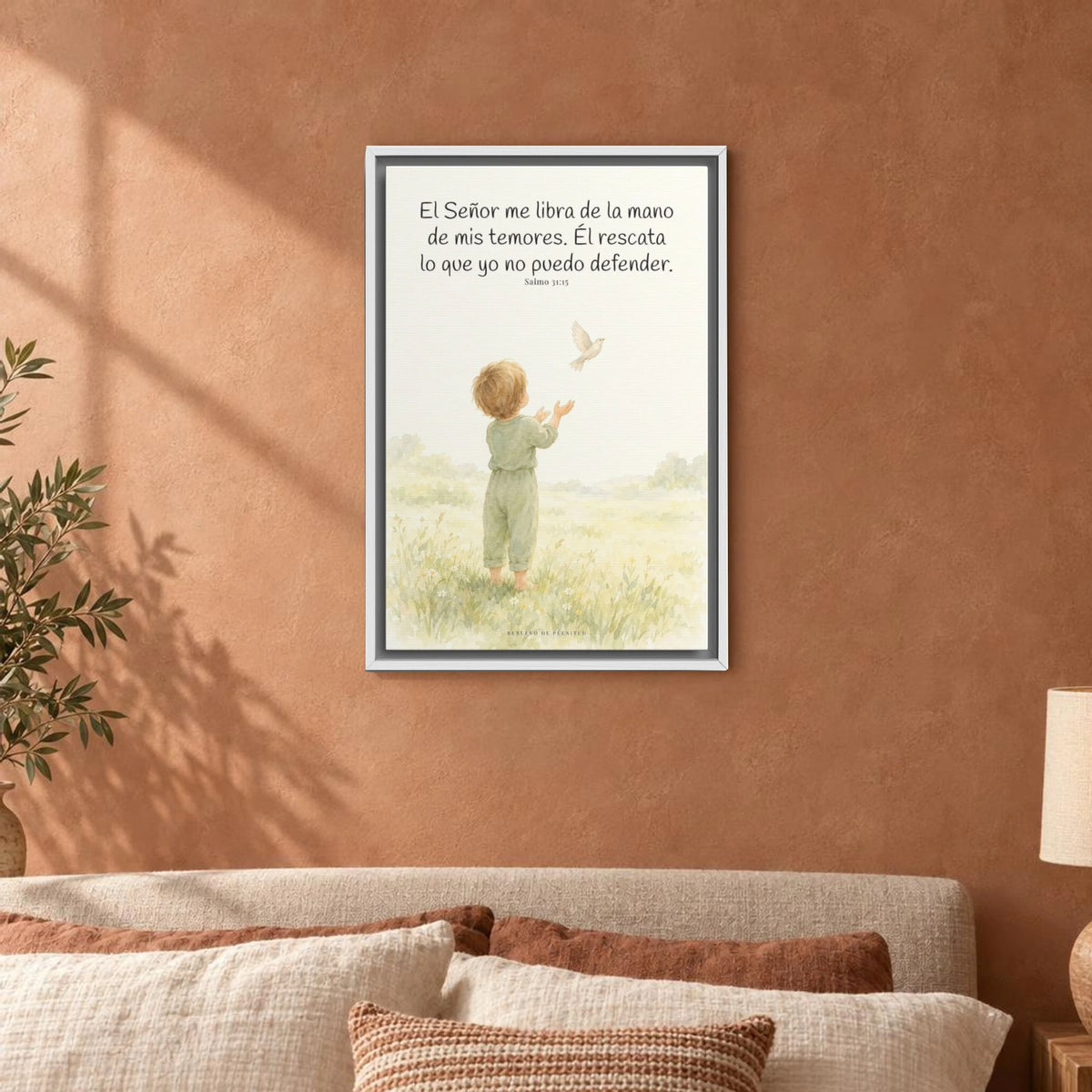 El Señor me libra de la mano de mis temores | Lienzo bíblico para el hogar | Salmo 31:15 — 16×24 pulgadas, marco blanco, vista frontal ambiental, escala física calibrada