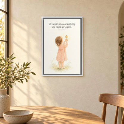 El Señor se alegra de mí | Decoración cristiana enmarcada | Deuteronomio 7:6 — 16×24 pulgadas, marco blanco, vista frontal ambiental, escala física calibrada
