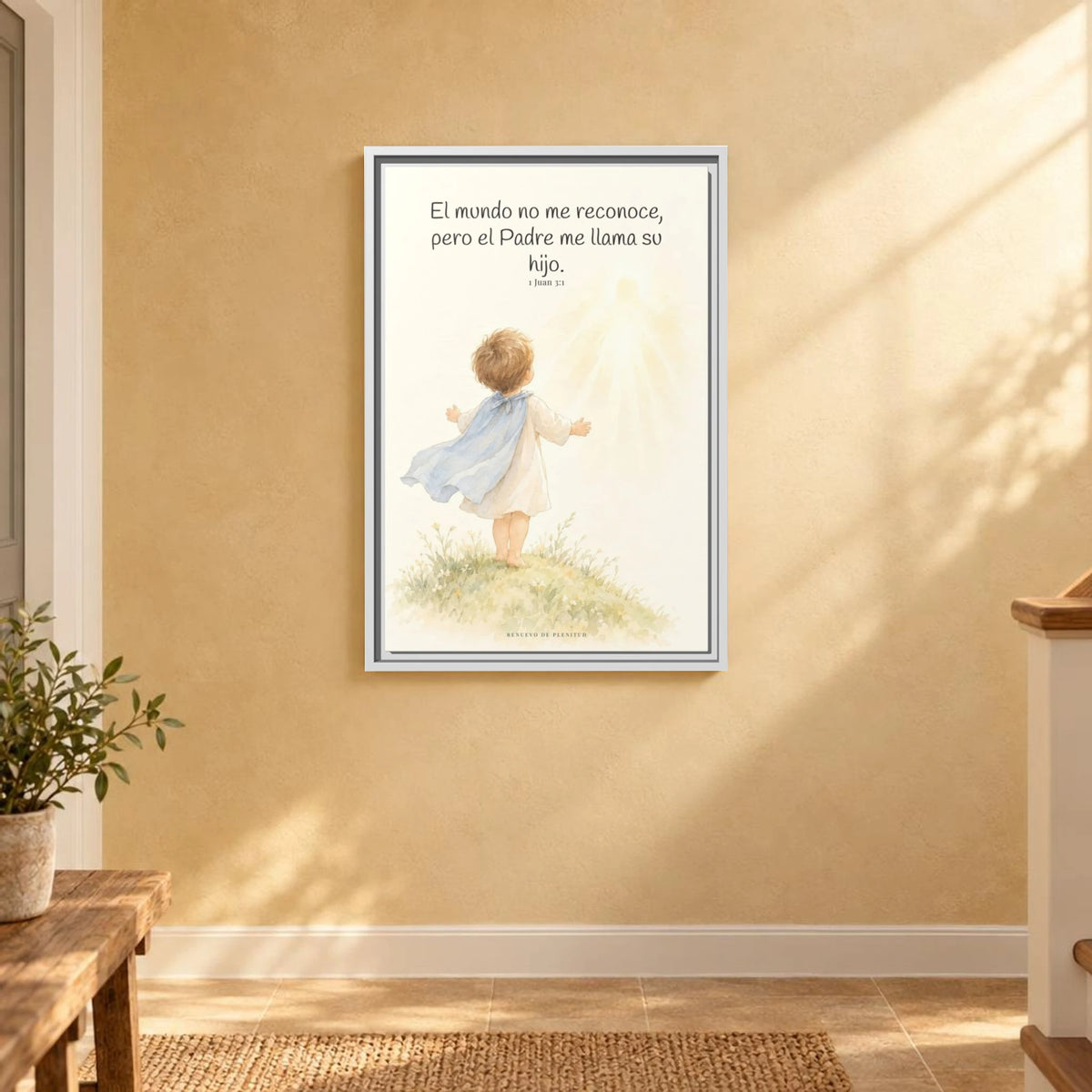 El Padre me conoce y aún así me llama suyo | Decoración de fe para pared | 1 Juan 3:1 — 16×24 pulgadas, marco blanco, vista frontal ambiental, escala física calibrada