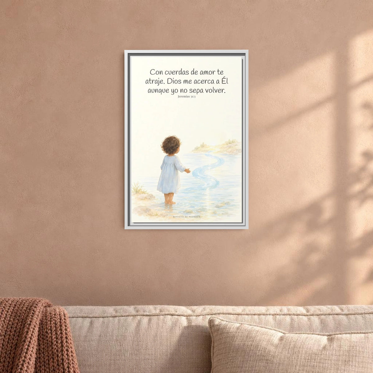 Con cuerdas de amor te atraje — Lienzo Cristiano Enmarcado | Jeremías 31:3 — 16×24 pulgadas, marco blanco, vista frontal ambiental, escala física calibrada