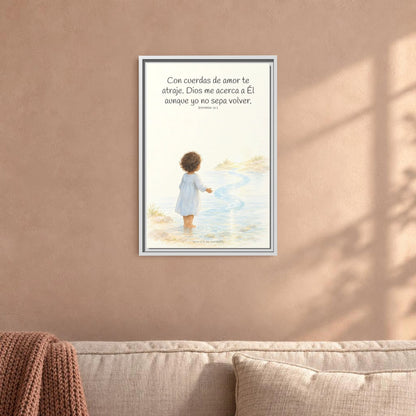 Con cuerdas de amor te atraje — Lienzo Cristiano Enmarcado | Jeremías 31:3 — 16×24 pulgadas, marco blanco, vista frontal ambiental, escala física calibrada